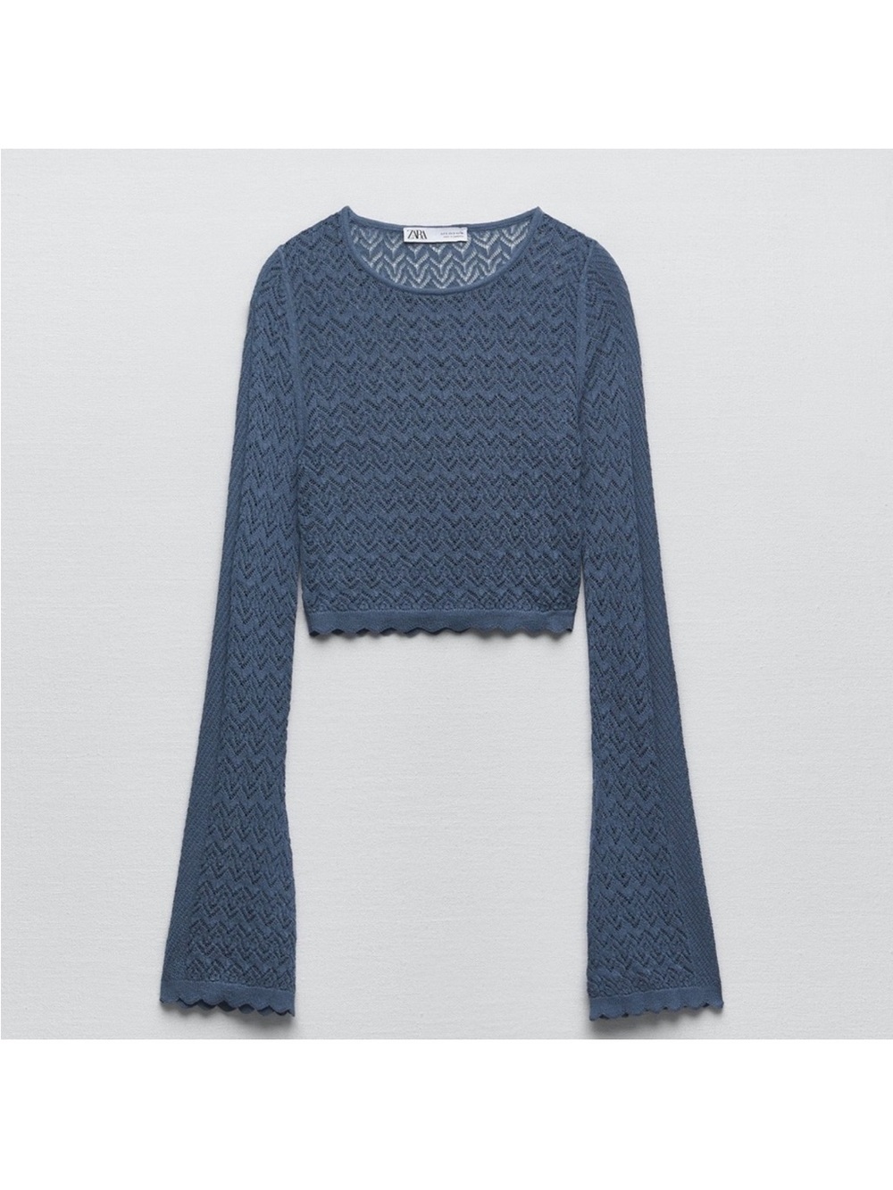 Zara Pointelle Knit Bell Sleeve Top – Blue – Size M - Picture 3 of 6